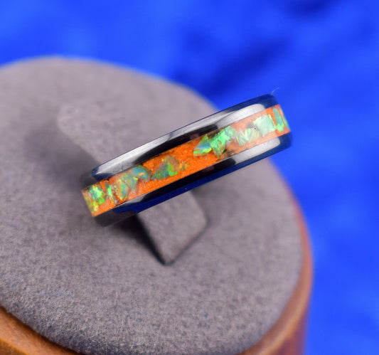 Molten Lava, Orange and Emerald Green Opal Ring