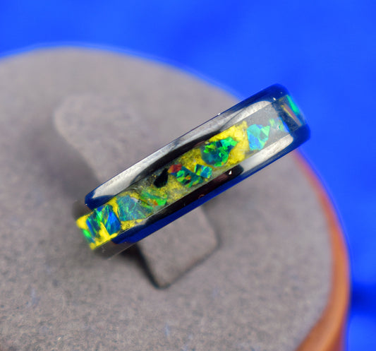 Color Burst ring with Vibrant electric Iridescent Opal inlay